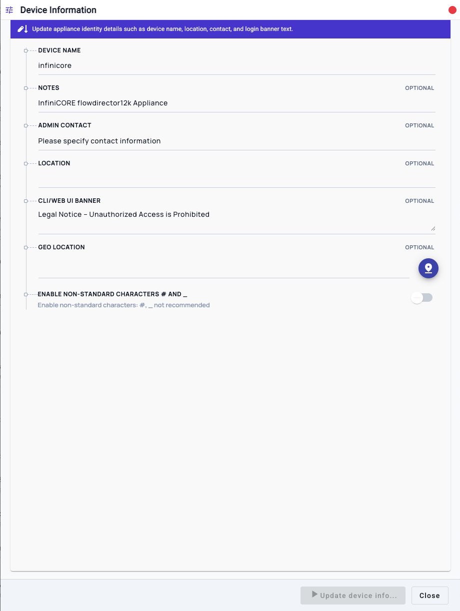 Device Information workflow showing the current device name, notes, admin contact, location, CLI and web UI banner, geo location, and non-standard character option.