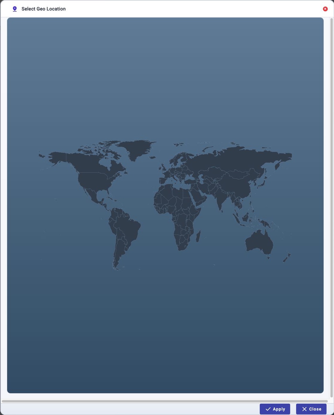 Select Geo Location dialog opened from Device Information with Apply and Close controls