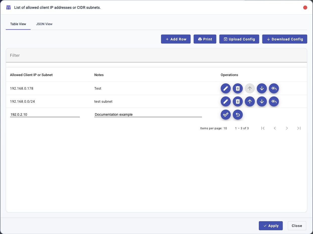 Access ACL table editor with a new ACL row being added for a documentation example client IP address