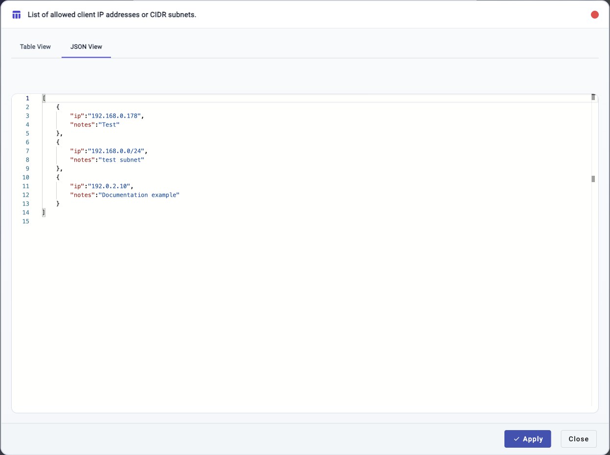 Access ACL JSON View showing ACL entries as objects with ip and notes fields
