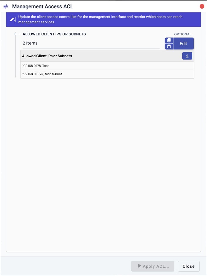 Management Access ACL workflow showing allowed client IP and subnet entries with the Edit control.