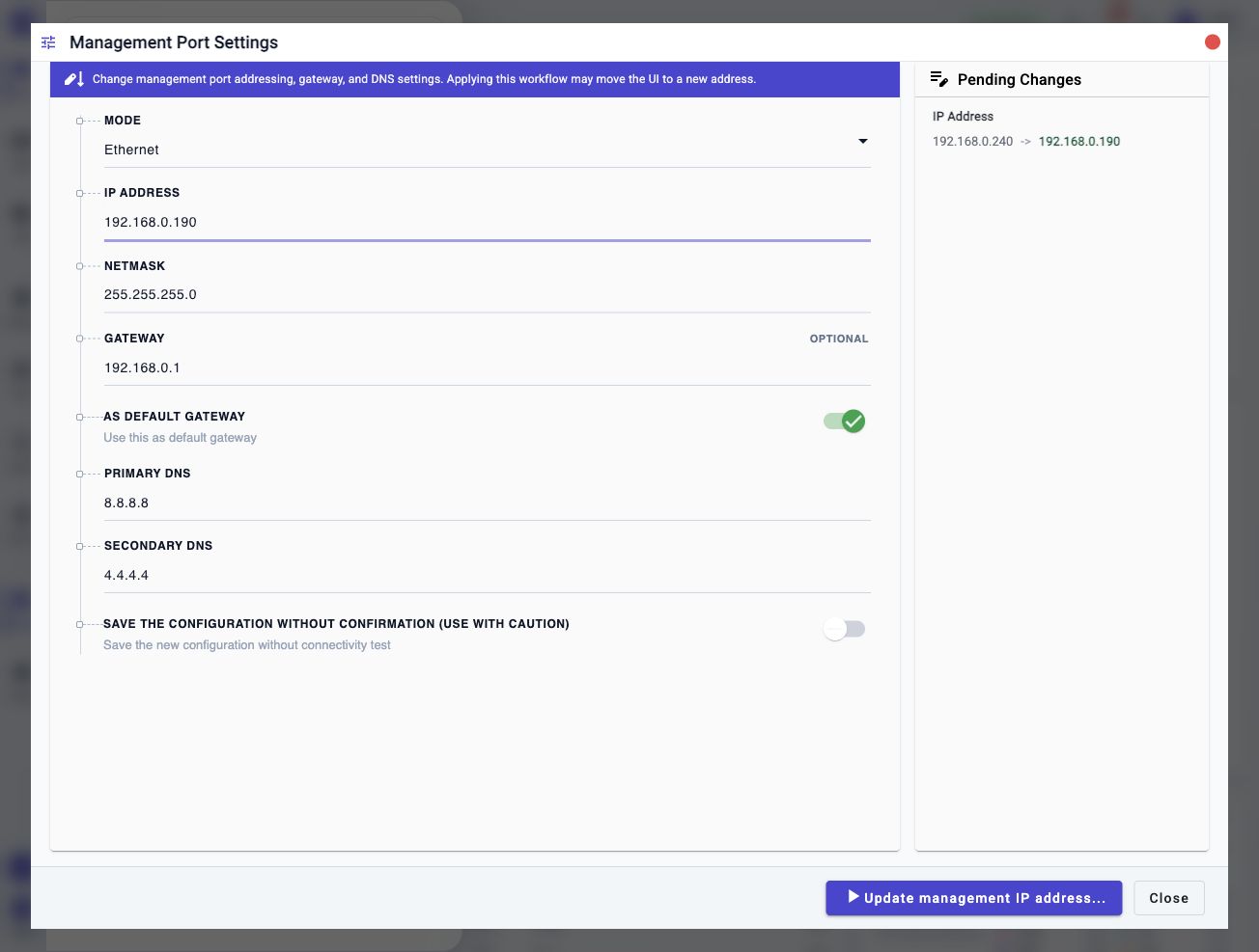 Management Port Settings showing the pending IP address change from 192.168.0.240 to 192.168.0.190