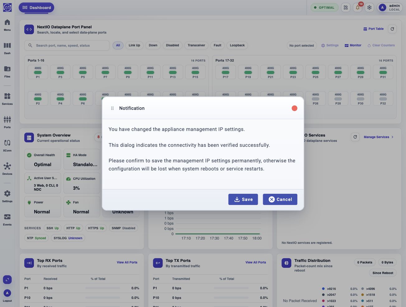 Management IP confirmation dialog after logging in at the new address