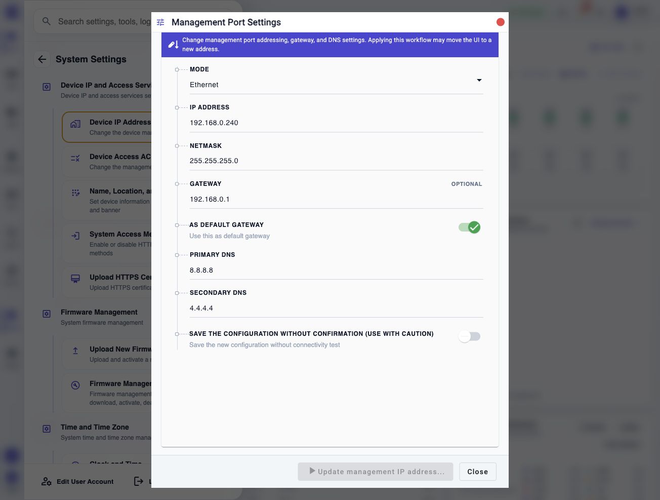 Management Port Settings showing the current management IP address