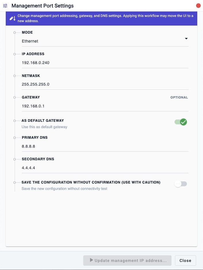 Management Port Settings workflow configuration showing management IP, netmask, gateway, DNS, and confirmation options.
