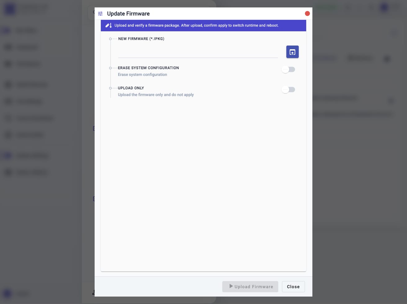 Update Firmware workflow showing the firmware package selector, erase configuration toggle, upload-only toggle, and disabled Upload Firmware action