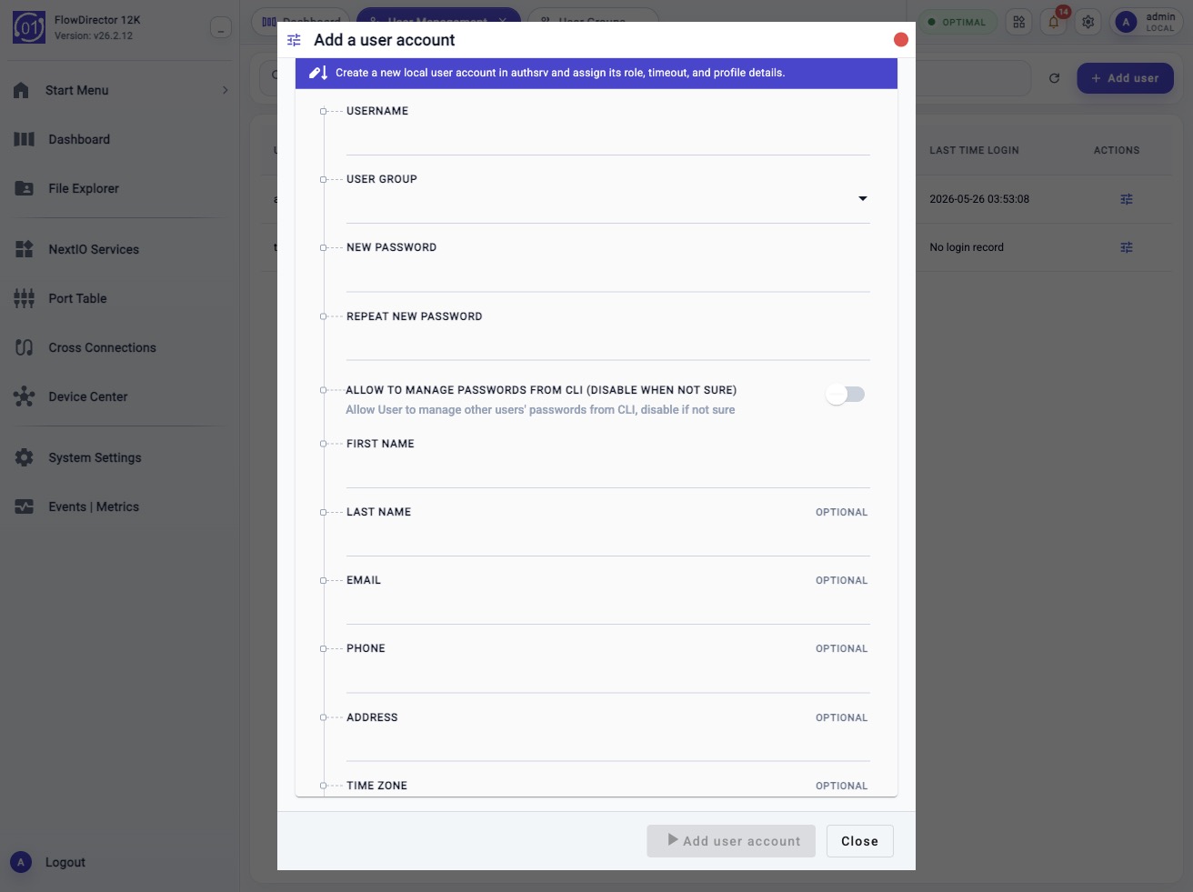 Add a user account workflow showing username, user group, password, CLI password-management, profile, time zone, and session-timeout fields