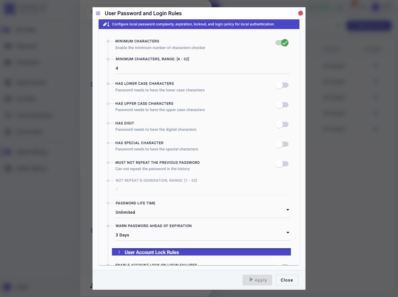 Password and Login Rules workflow showing minimum characters, character class requirements, password lifetime, expiration warning, password history, and lockout section controls.