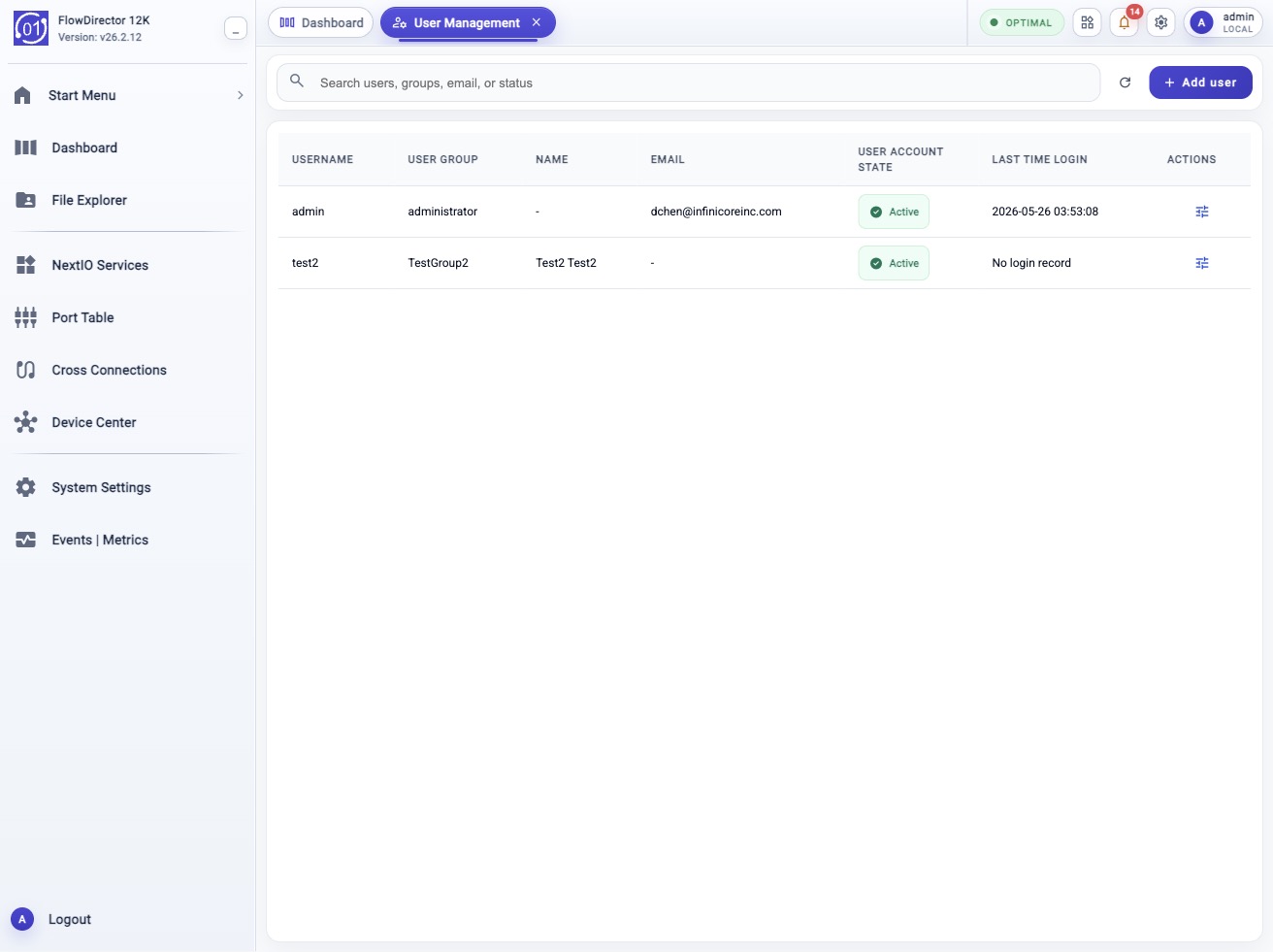 User Management page showing local users, group assignment, account state, last login, search, Add user, and row action controls.