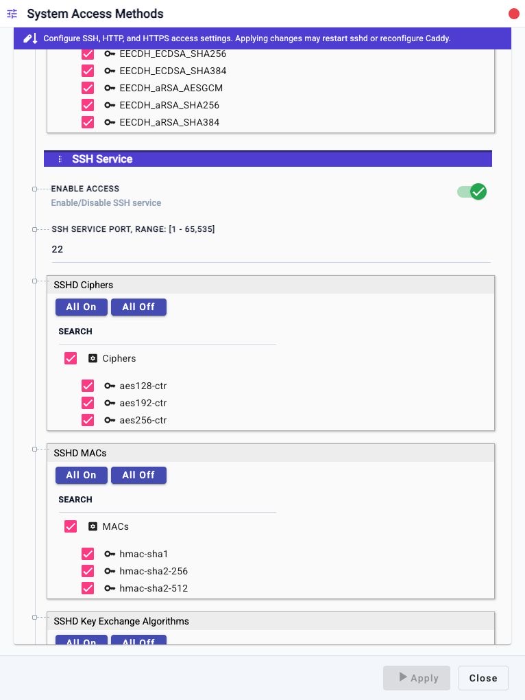 System Access Methods workflow showing SSH Service, SSH port, SSHD cipher, and SSHD MAC controls