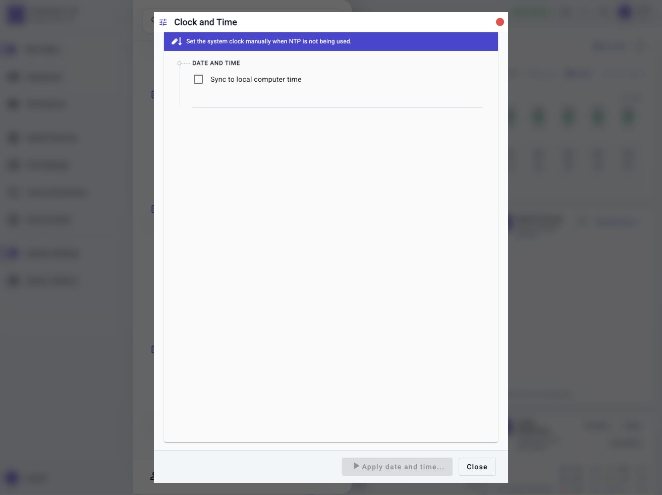 Clock and Time workflow showing Date and Time and Sync to local computer time controls