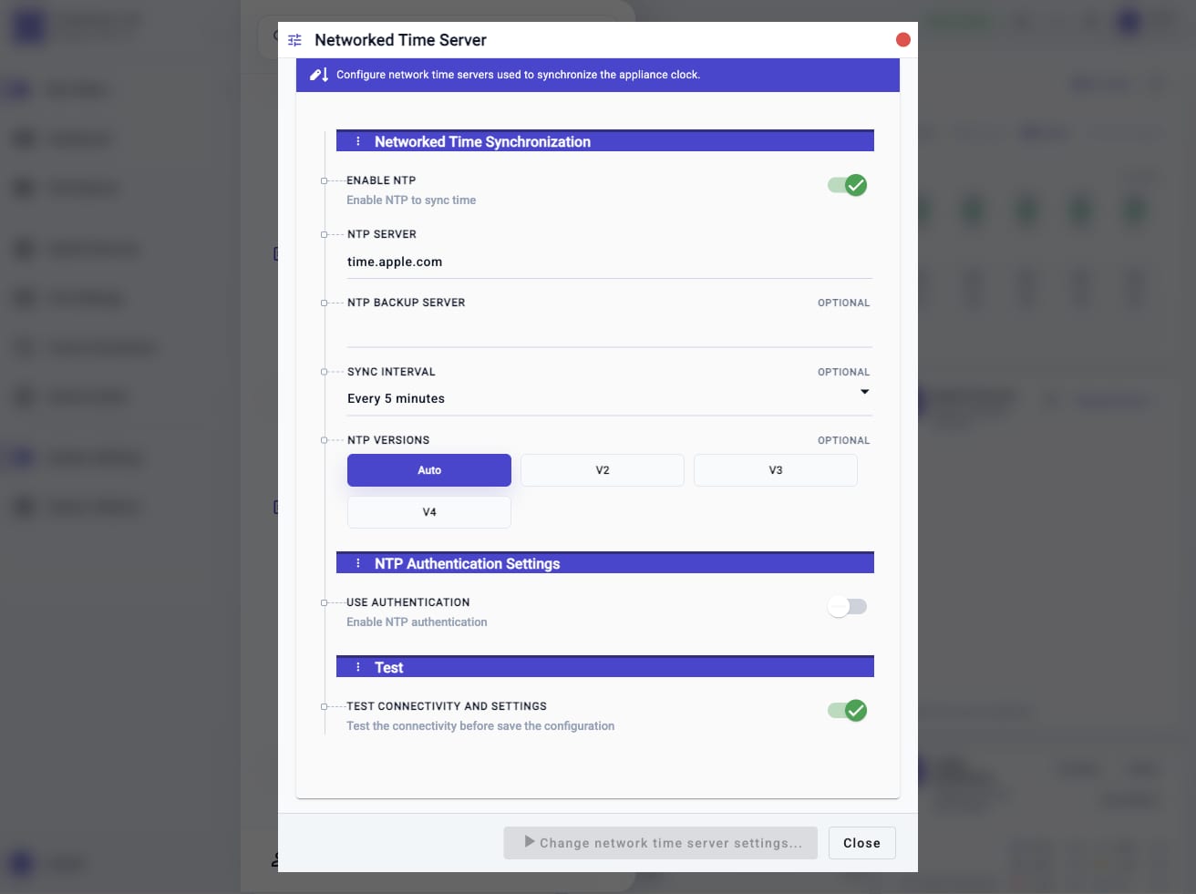 Networked Time Server workflow showing NTP server, sync interval, NTP version, authentication, and connectivity test controls