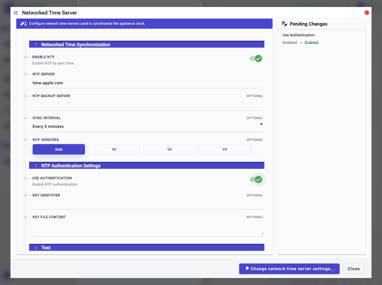 Networked Time Server workflow with NTP authentication enabled, key identifier, key file content, and pending changes