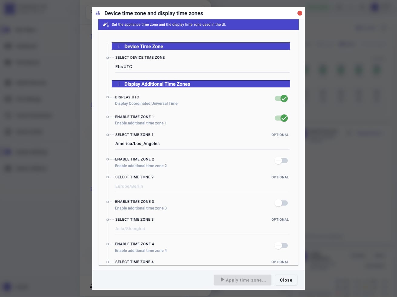 Device time zone and display time zones workflow showing device time zone, Display UTC, and additional display time zone controls