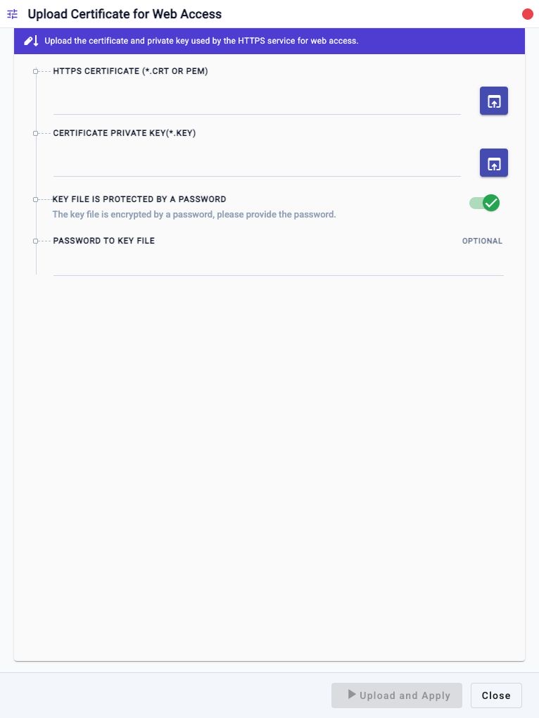 Upload Certificate for Web Access workflow showing certificate upload, private key upload, encrypted key toggle, password field, and Upload and Apply control.
