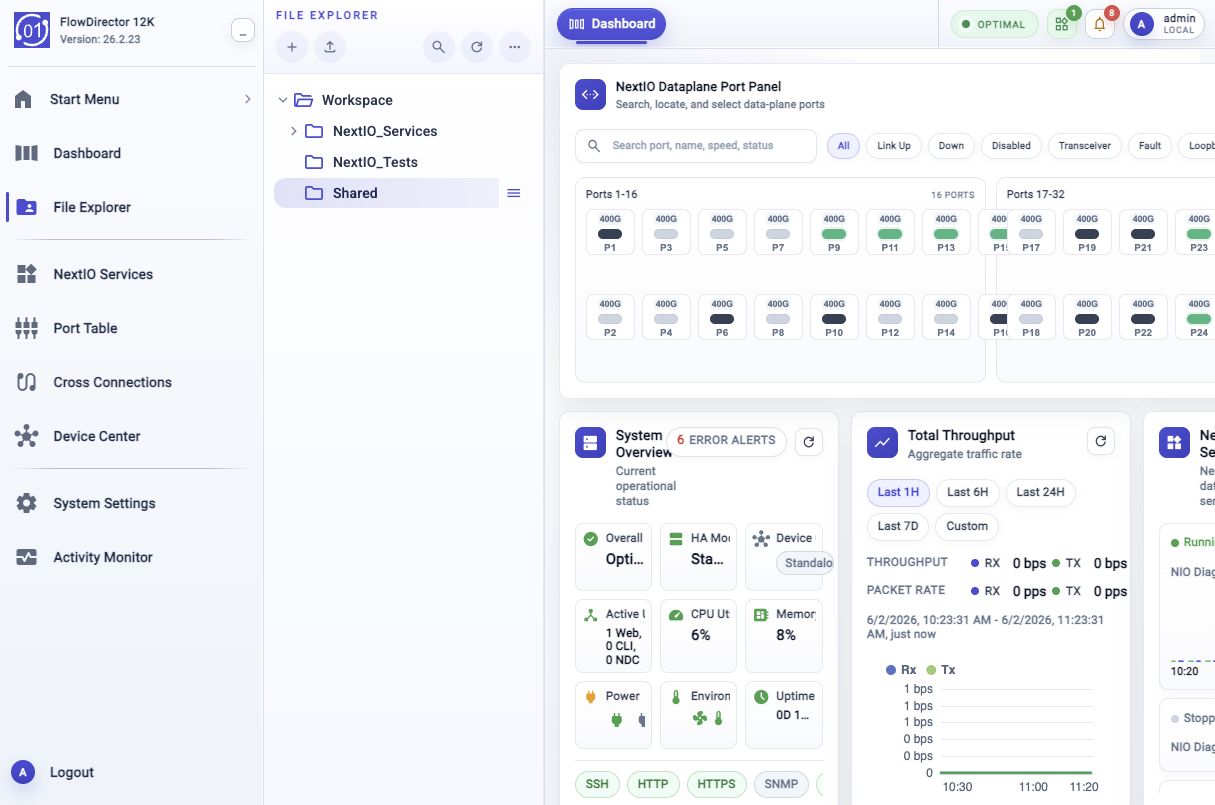 01Layer Web UI with the activity bar expanded, showing full navigation labels for Start Menu, Dashboard, File Explorer, NextIO Services, Port Table, Cross Connections, Device Center, System Settings, Activity Monitor, and Logout.