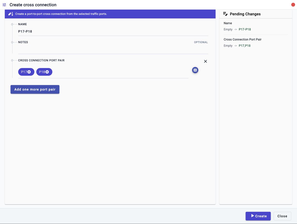 Create cross connection workflow showing P17 and P18 selected before Create