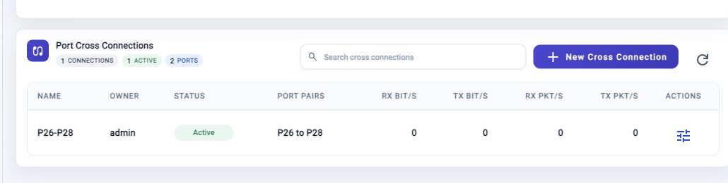 Port Cross Connections list showing an active P26-P28 connection row