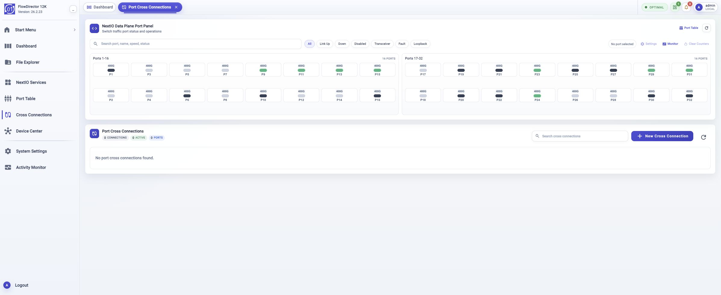 Cross Connections page showing the activity-bar item, dataplane port panel, connection summary, search, New Cross Connection, refresh, and an empty connection list.