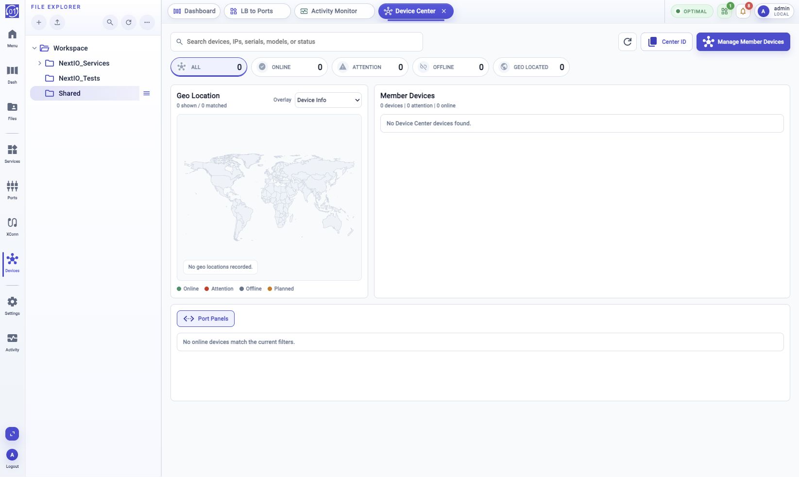 Device Center page showing search, refresh, Center ID, Manage Member Devices, status filters, Geo Location, Member Devices, and Port Panels.