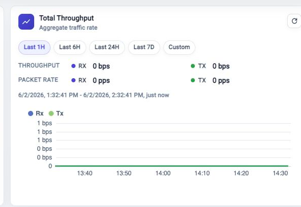 FlowDirector Dashboard Total Throughput card showing RX and TX throughput, packet rate, time range controls, and traffic chart.