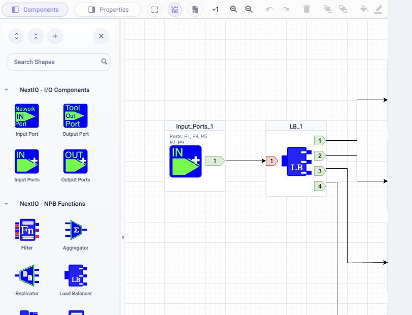 NextIO Diagram Editor workspace showing the Components panel, Search Shapes, NextIO component groups, and the diagram canvas