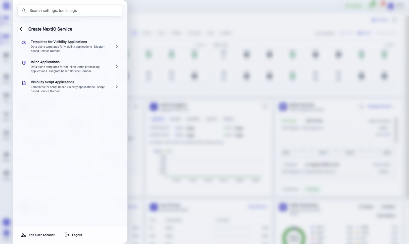 Create NextIO Service browser showing template categories for visibility applications, inline applications, and visibility script applications.
