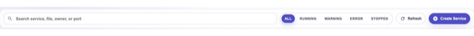 NextIO Services toolbar close-up showing search, status filters, Refresh, and Create Service