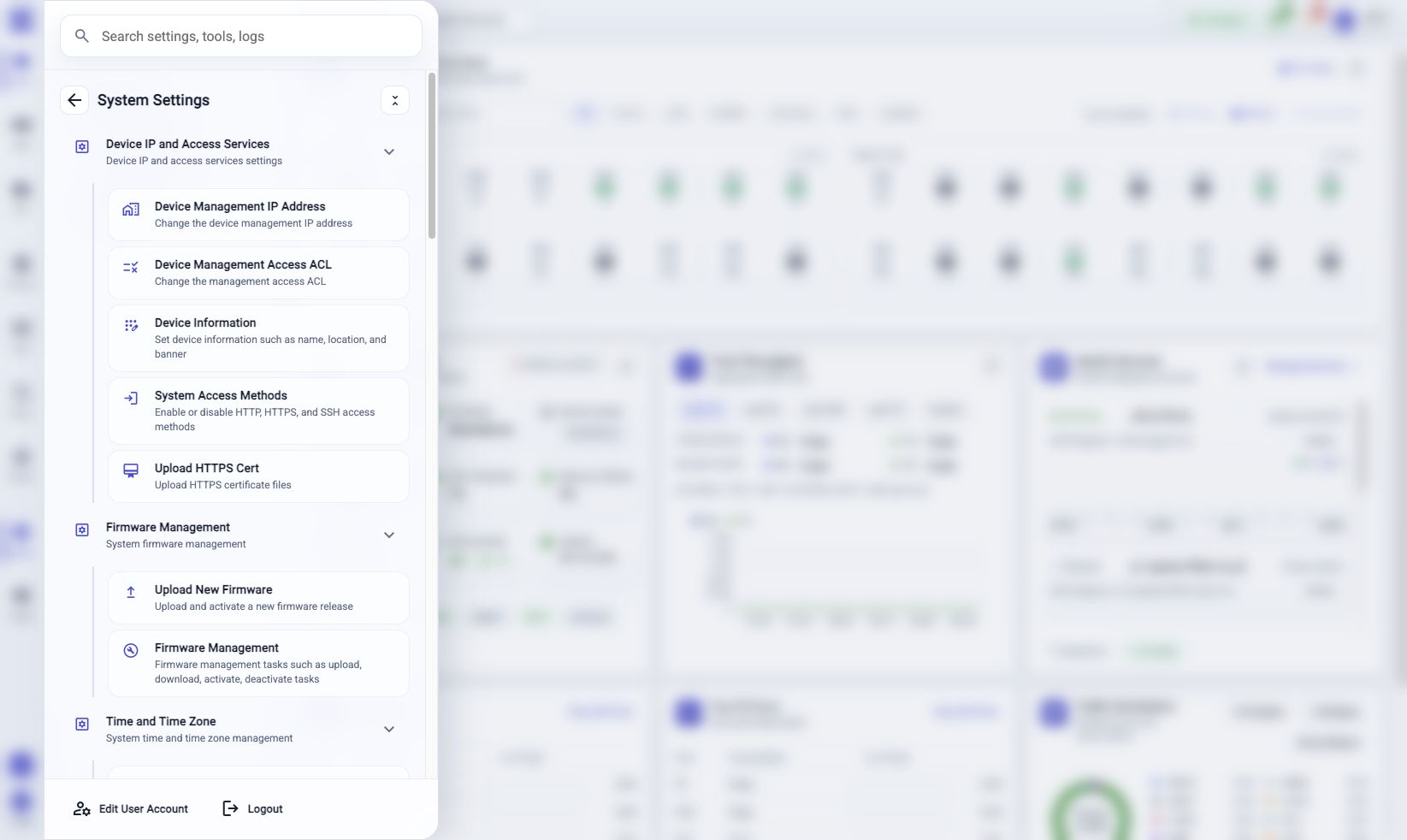 System Settings menu showing Search settings, grouped settings, setting entries, Edit User Account, and Logout.