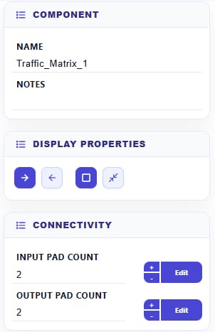 Matrix component property panel showing Component, Display Properties, and Connectivity sections